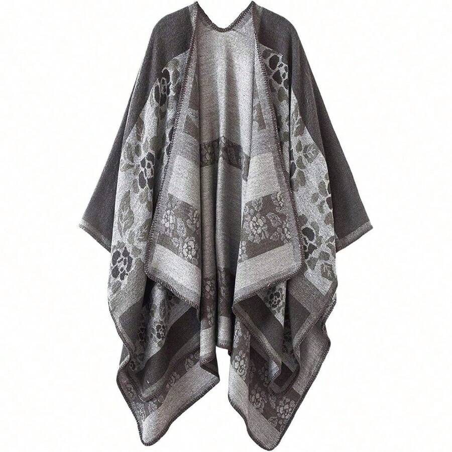 Women's Warm Shawl Wrap Cape Winter Cardigan Sweaters Open Front Poncho - A4-灰色 - 查看 1