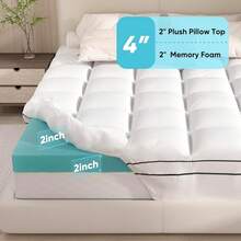 4 Inch Memory Foam Mattress Topper Queen Size, Dual Layer Mattress Pad,2 Inch Gel Memory Foam Plus 2 Inch Pillow Top Cover With 8-21 Inch Deep Pocket