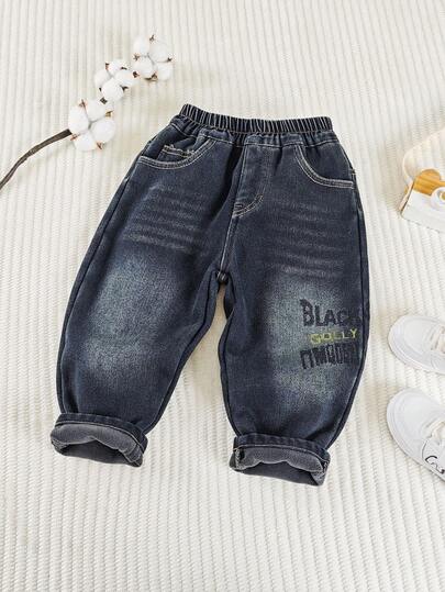 بناطيل جينز سميكة مبطنة بالحرارة بقصة فضفاضة للأولاد الصغار، مناسبة للارتداء اليومي والمدرسة والخروج في فصلي الخريف والشتاء