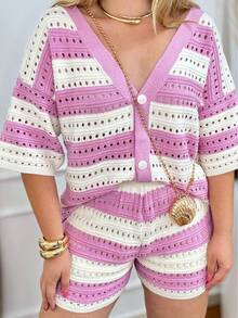 Women's Striped Modal Blouse And Shorts Set Spring Summer - Hot Pink - View 2