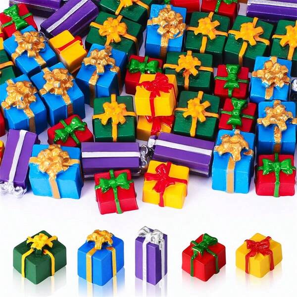 25/50 szt. miniaturowych pudełek prezentowych z żywicy na Boże Narodzenie, wielokolorowe miniaturowe ozdoby świąteczne, figurki świąteczne, zawieszki do rękodzieła DIY, akcesoria ogrodowe
