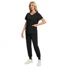 1 Set de Uniforme Médico de Mujer con Manga Corta, Cremallera, Cuello Redondo y Bolsillo, Conjunto Informal de Blusa de Manga Corta con Cremallera y Pantalón de unicolor, Uniforme Médico Ajustado, Adecuado para Trabajo Hospitalario, Conjunto de Uniforme Médico, Conjunto de Uniforme Médico para Cirugía Estética Color Negro - Negro - Ver 2