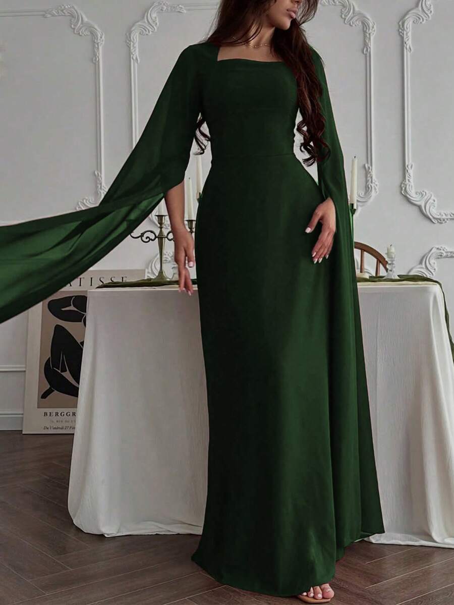 优雅时尚披肩袖宫廷风修身连衣裙，适合毕业典礼、婚礼等场合，高端优雅长袖斗篷式性感修身优雅长袖连衣裙，春季必备 - 墨綠色 - 查看 1