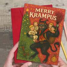 1pc Vintage Christmas Card - Krampus Holiday Greetings, With Inspired Red & Green Design - Suitable For Christmas Parties, Gifts, And Unique Seasonal Decor - Includes Envelope - Great For & Holiday Celebration Fans, Christmas Decorations, Best For Christmas