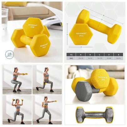 Juego de 2 Mancuernas, 2x 2 kg, Mancuernas Hexagonales con Superficie de Vinilo, para Gimnasia en Casa, Amarillo MSYL064YL