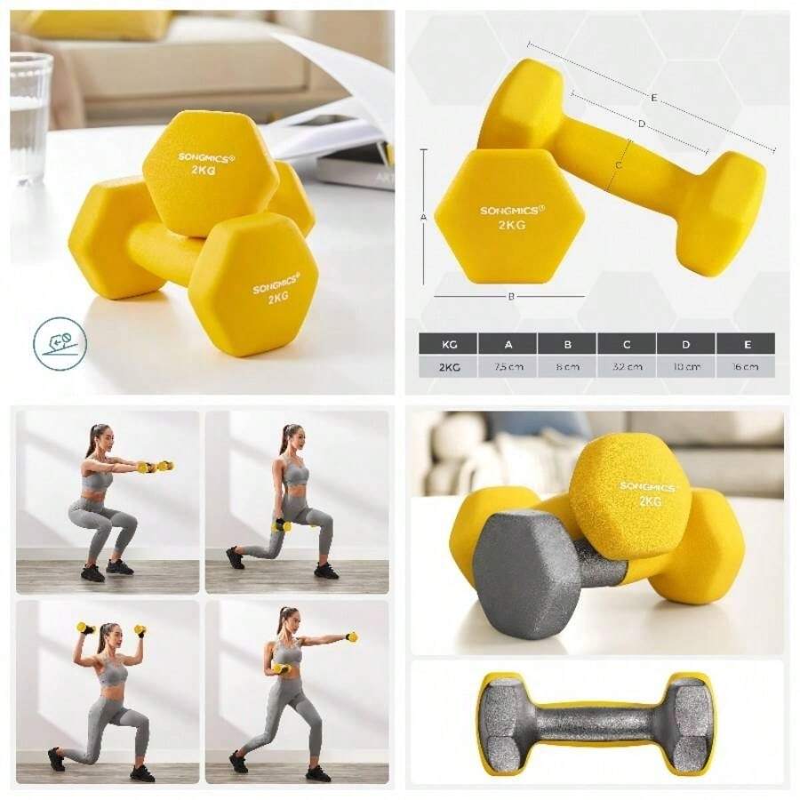 Juego de 2 Mancuernas, 2x 2 kg, Mancuernas Hexagonales con Superficie de Vinilo, para Gimnasia en Casa, Amarillo MSYL064YL - Amarillo - Ver 1