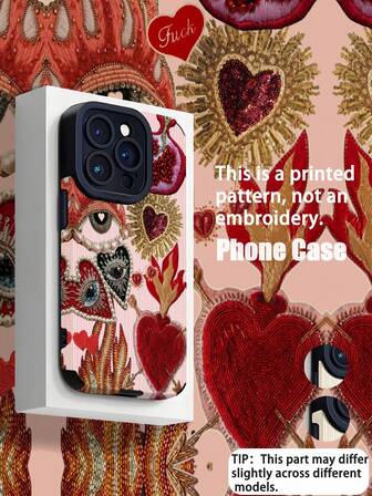 1 pieza Funda de teléfono de piel sintética suave y a prueba de golpes con bordado de corazón, ojo y patrón de corazón, compatible con iPhone y resistente al agua, a los arañazos y a las caídas, estilo de moda de San Valentín de los 2000