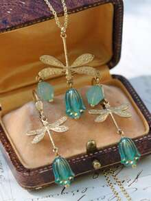 3pcs Dragonfly Geometric Pendant Necklace & Earrings Set, Multi-Color Metal, Natural Stone, Zirconia, Pearl, Vintage Classic Design For Women Party