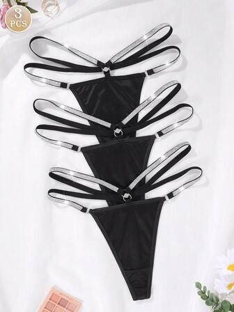 3pcs Elegant Women Black Metallic Thread Thong Panties