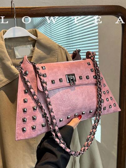 low tea 1pc Solid Color PU Leather Handbag With Lock Closure, Fashionable Crossbody Bag Suitable For Shopping, Dating, Women's Gift, Great For Office, School, Work, Business