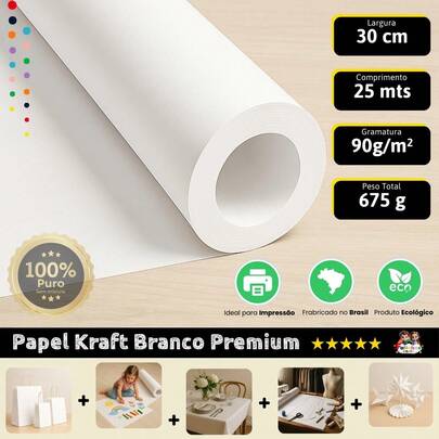 Papel Kraft Branco 90g - 30cm X 25 Metros Embalagem Molde