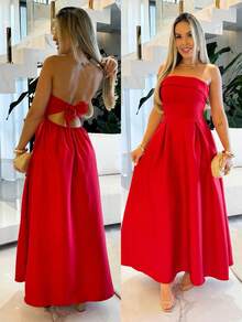 Elegant Strapless Tailored Dress - Red - View 1