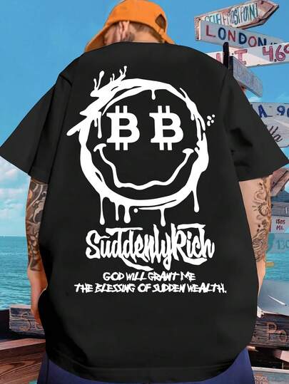 New Men's Bitcoin And Cryptocurrency Street Style T-Shirt - ₿ Symbol And ₿ Price Chart Back Print, Happy Face Dollar Bill Design, Black Crew Neck Summer T-Shirt, Suitable For Cryptocurrency Enthusiasts, Casual Wear (Hand Washable)