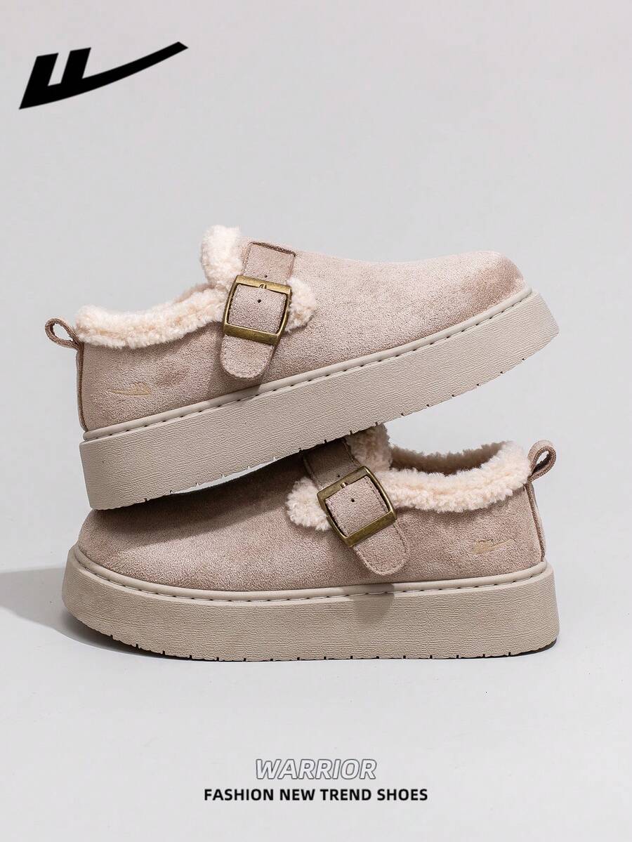 WARRIOR 1 双女式保暖内衬厚雪地靴，2025 秋冬新品，筒状设计，厚底，时尚短筒靴，一脚蹬，冬季保暖户外鞋 - 米色 - 查看 1