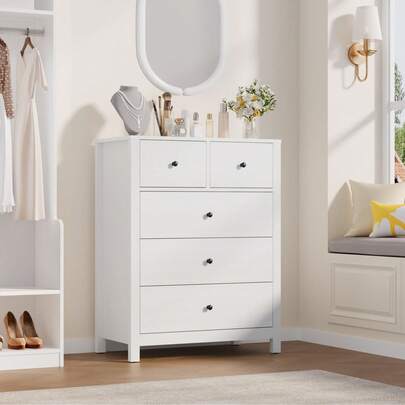 Techigher 5 Drawer Dresser,Modern Double Dresser,Wide Chests Of Drawers,Wood Dresser TV Stand,Closet Clothes Storage Organizer For Bedroom Entryway Ha