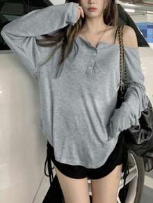 2025 Spring/Summer Long Sleeve Loose Fit Sheer Chiffon Blouse - Grey - View 3