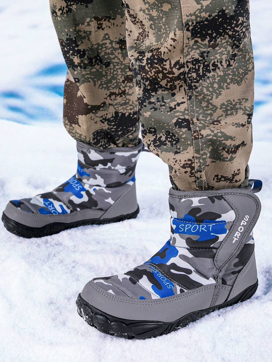 1 Pair Kids' Snow Boots For Boys And Girls, Asymmetrical Pattern Upper, Hook And Loop Closure, Easy Wear, Warm Toe, Suitable For Outdoor Travel And School Activities, Autumn/Winter - Dark Grey - View 1
