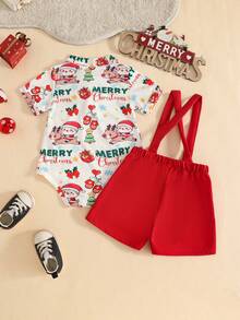圣诞礼物男婴绅士套装，带蝴蝶结和短裤 - 紅色 - 查看 2