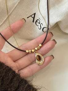 Collar con colgante de cuentas de piedra marrón vintage, con cadena de metal dorado de doble capa y múltiples cadenas, ideal para usar con suéteres en otoño e invierno, regalo de joyería para mujeres