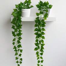 Arranjo 2 cordão de folhas Pendente Artificial + 1 Vaso de cerâmica De Plástico Branco de Planta Decoração Casa, Casamento - jiboia - Visão 3