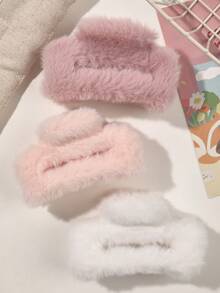 3 件套柔软毛绒大方形发夹，可爱简约，适合日常佩戴，秋冬优雅发饰优雅发夹冬季发夹 - 彩色 - 查看 4