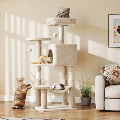 Árbol para gatos grande de varios niveles, 167 cm de alto, con postes rascadores recubiertos de sisal, condominio, hamaca, bola colgante y plataforma extendida para que los gatos jueguen y duerman.