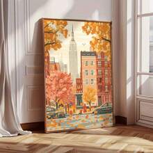 Imprimeu artistic pe pânză cu orizont de toamnă vintage din New York City, 1 buc - Poster decorativ de perete plat, neînrămat, cu frunziș de toamnă și nuanțe calde de portocaliu, pentru sufragerie, dormitor, birou - Ziua Recunoștinței, Halloween, idee de cadou de Crăciun, decor de perete metalic, decorațiuni pentru cameră, artă murală pe pânză mare, artă murală din tablă, decorațiuni pentru casă, cumpărători de sărbători, decoratori de casă, 2D plat, perfect pentru decorul camerei
