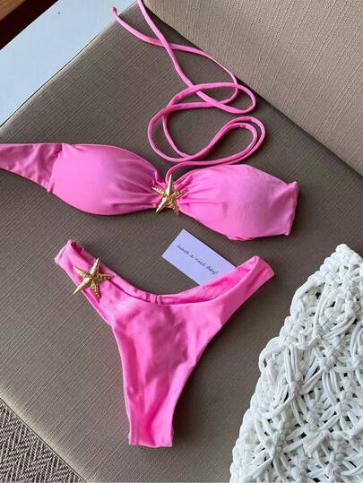 Conjunto de bikini halter de color rosa intenso con decoración de estrella de mar dorada - Traje de baño de ajuste delgado para fiestas de verano, carnavales, citas románticas, diseño de moda, estilo único, uso casual, estilo bohemio, viajes, juego diario