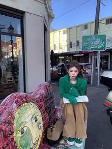 Women's American Sweet & Spicy Design Hooded Cable Knit Long Sleeve Pullover Sweater - Green - View 8