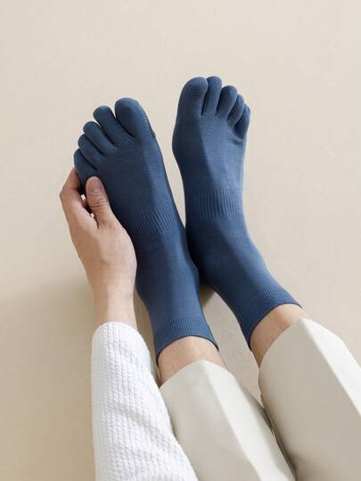 5-Toe Cotton Socks For Men, Solid Color, Breathable, Seamless Mid-Calf Socks, Suitable For All Seasons, Anti-Odor, Durable, Pill-Resistant