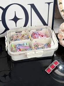 1pc White Luxury Children's Hair Accessory Storage Box, Girls Hair Accessory Box, Large Capacity Kids Hair Accessory Storage Box, With Handle Double Layer Storage Box, One-Click Storage For Hair Clips, Hair Ties, Scrunchies - Multicolor - View 7