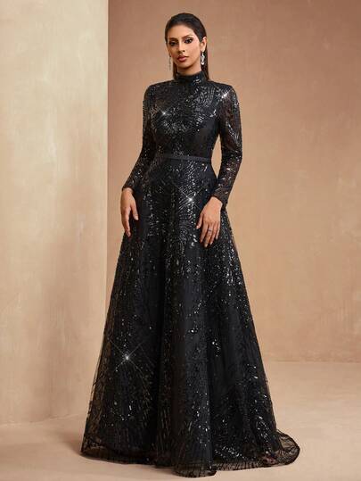 New Luxury High-End Heavily Embellished Sequin, Sequins, Lace Women's Elegant Stand Collar A-Line Maxi Dress, Formal Evening Gown For Parties, Banquets, Galas