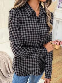 Áo sơ mi kẻ caro cho nữ, áo kiểu cổ điển cài một hàng khuy dài tay cho công sở và hàng ngày, áo sơ mi kẻ sọc thường ngày, áo nữ in họa tiết mùa xuân hè thu đông 2025 hàng mới về màu đen - màu đen - Xem 7