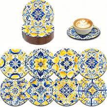 8pcs/Set Mediterranean Lemon Print Wooden Coasters, Kitchen Cup Mats, Tea & Coffee Drink Coasters, Suitable For Home, Restaurant, Cafe, Housewarming, Gift For Parents & Friends, Kitchen Decor, Tabletop Decor, Christmas Decor & Gift, Available In 1 Set, 2 Sets Or 23 Sets - Multicolor - View 2