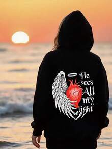 1PCMen's & Women's Matching Couple's Hooded Sweater - She Accepted All My Dark / He Sees All My Light Loose Fit Long Sleeve Pullover With Pockets, Cozy Casual Winter Sweater For Couples, Machine Washable Matching Outfits For Valentine's Day Gifts - phụ nữ ĐEN - Xem 2