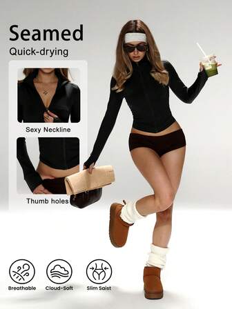 FWH Women's Slim-Fit Breathable Workout Set For Outdoor Running, Sun Protection Zipper Stretchy Simple Slimming Fashionable Sexy High-Quality Basic Streetwear Elastic Leisure Unique Color Fairness-Enhancing Elegant Tight Thermal Lined Long-Sleeve Yoga Jacket