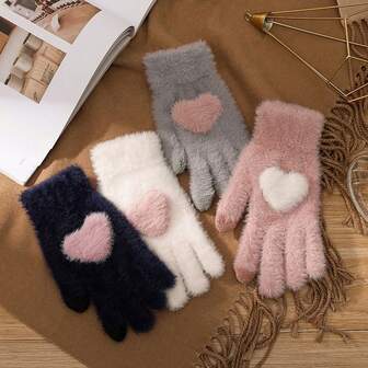 1 Pair Solid Color Knitted Gloves, Warm Thick Knitted Gloves For Adults, Full Finger, Autumn/Winter Snow Gloves