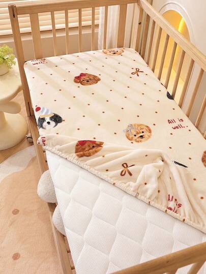 1pc Baby Crib Flannel Bed Sheet, Children's Bed Padded Mattress Cover, Newborn Patchwork Fitted Sheet, Soft Bedding, Machine Washable, Suitable For All Seasons, Boy & Girl, Puppy Pattern, 120*60cm