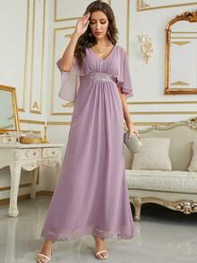 Women's V-Neck Batwing Sleeve Sequin Patchwork Chiffon Elegant Party Bridesmaid Dress - Lilac Purple - View 4