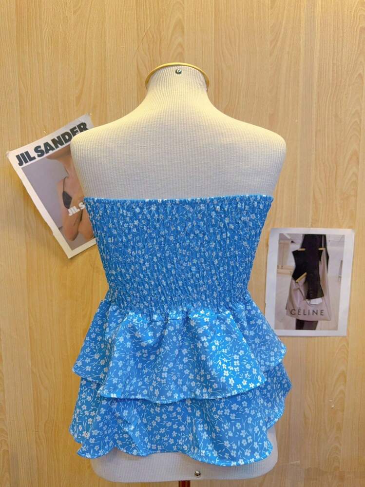 Cropped Top With Strapless Ruffled Print - Màu xanh lam - Xem 2
