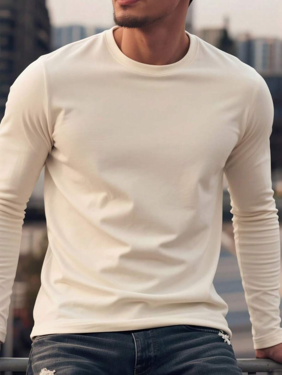 Áo thun dài tay nam dáng rộng, màu trơn, đa năng, thích hợp mặc mùa thu. - Màu be - Xem 1