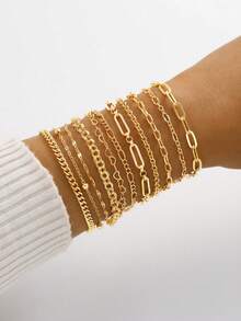 23pcs/12pcs/11pcsStylish Simple Classic Copper Braided & Snake Chain Layered Heart Charm Bracelet Set For Women, Birthday, Vacation, Party, Daily Outfit, Versatile. (Please Note There May Be Slight Color Difference Between Actual Product And Images Due To Lighting And Angle During Photography)