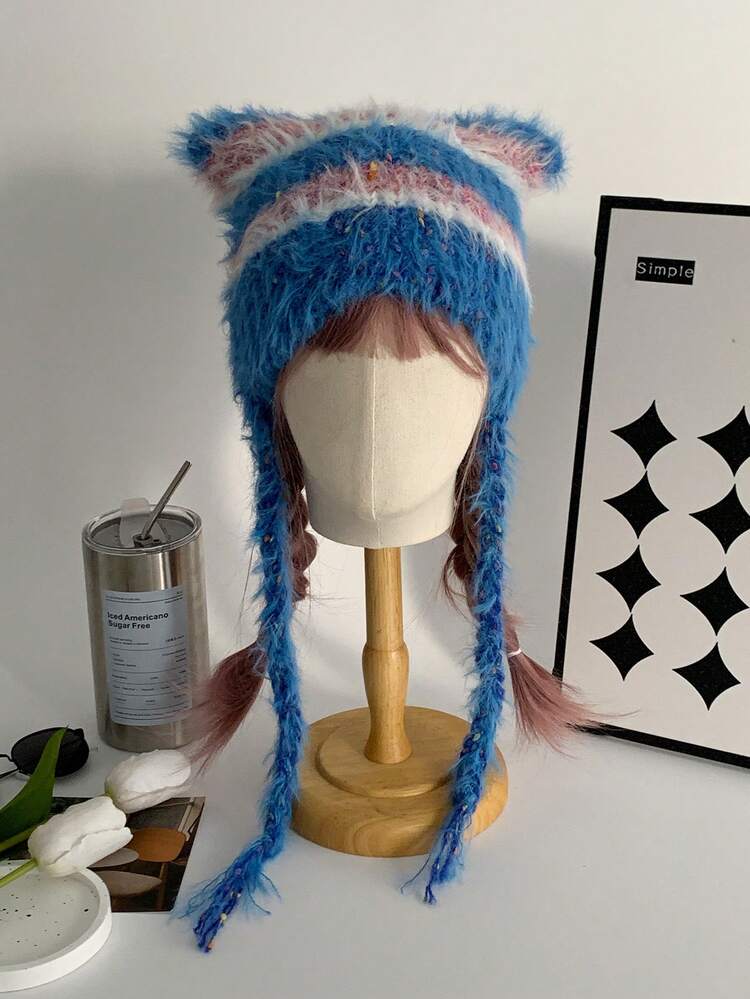 1 件 Y2K 拼色条纹保暖毛绒帽子（带领带），可爱猫耳针织帽，适合女士，秋冬 - 彩色 - 查看 19