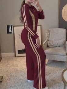 女士条纹印花长袖上衣和休闲直筒裤两件套，秋冬春季 - 酒紅色 - 查看 5