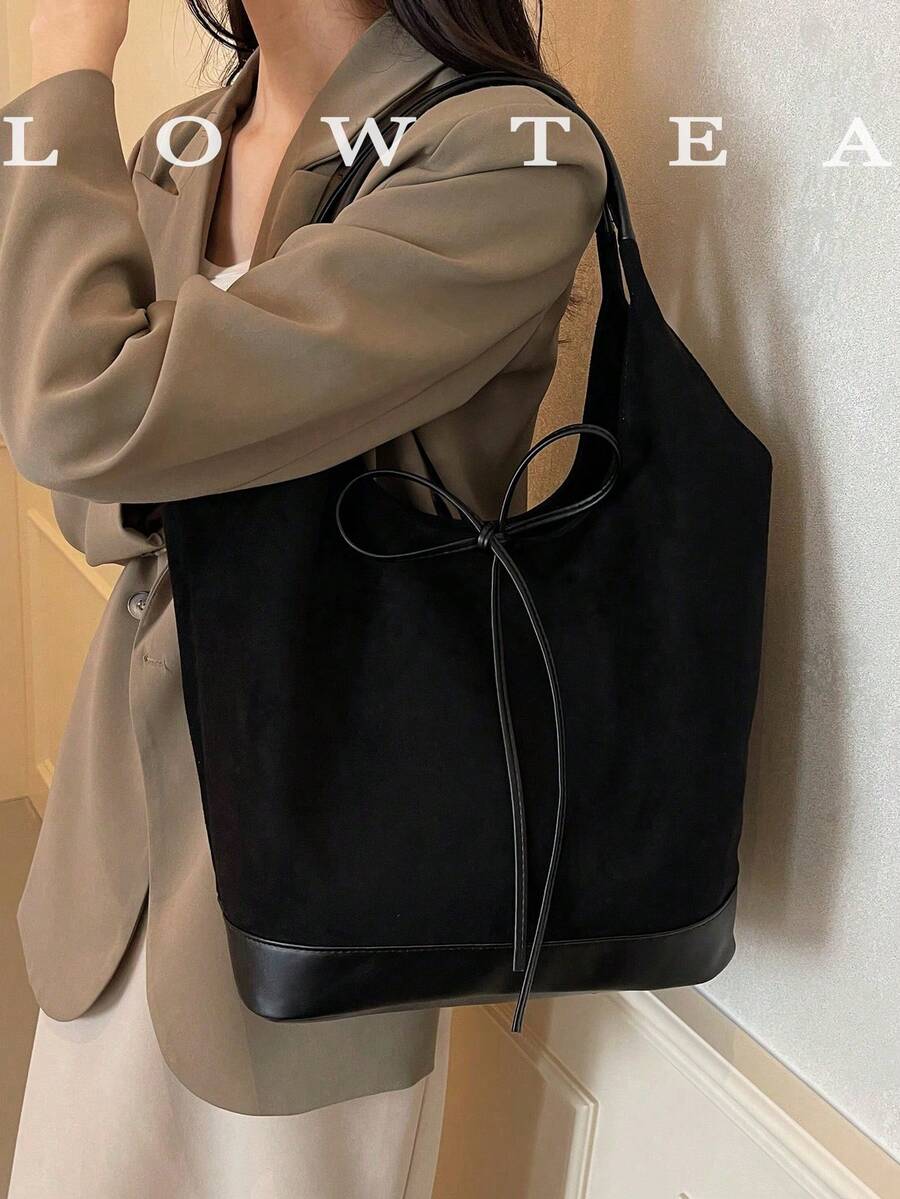 low tea 1 pieza Bolso de hombro de tela de ante y piel sintética PU para mujer, de estilo vintage, con gran capacidad, lazo, cierre magnético, adecuado para adolescentes, estudiantes universitarias y trabajadoras - perfecto para oficina, escuela, trabajo, negocios, viajes, exterior, bolso de ante, el último modelo de bolso de ante a la moda para mujer, que combina perfectamente con los atuendos de otoño para mujeres - Negro - Ver 1