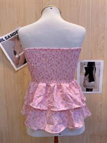 Women's Cropped Printed Blouse With Ruffle - Baby Pink - View 2
