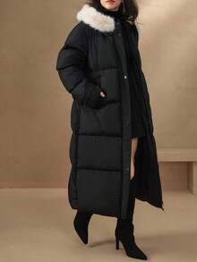 Livesso Women's Faux Fur Collar Hooded Long Sleeve Padded Coat, Autumn/Winter - Black - View 3