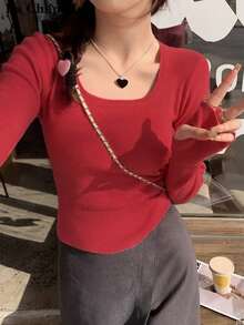 女士轻薄简约韩版方领长袖上衣，细下摆，春季新品，适合居家、通勤、约会、街头穿搭，时尚百搭 - 紅色 - 查看 4