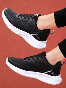 1 Pair Women's Fashion Casual Lightweight Comfortable Black Running Shoes, Non-Slip Hiking Shoes, Lace-Up Low-Top Outdoor Sports Shoes, Spring/Autumn, Winter New Model - Black and White - View 5