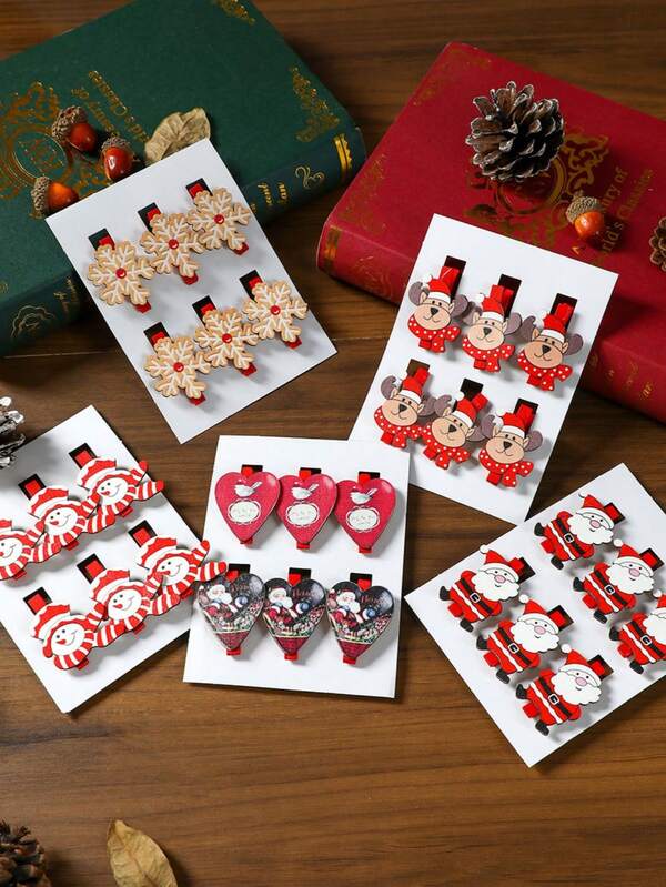 6pcs Christmas Wooden Cartoon Clips, Christmas Holiday Decor Accessories For Home Photo Wall Decoration, Create Joyful Christmas Atmosphere, Practical Holiday Decoration